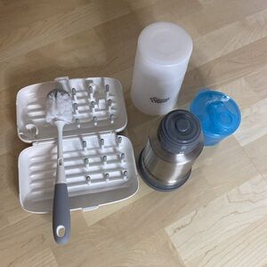 Travel baby items - baby bottle warmer, dish rack and formula container